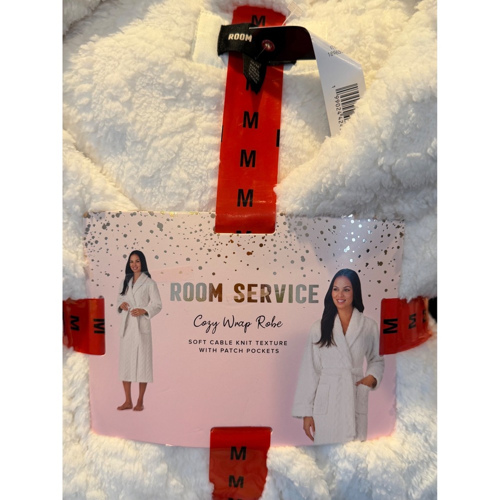 Room Service Women Cozy Wrap Robe Ivory Soft Cable Knit Texture •M• NEW Cozychic